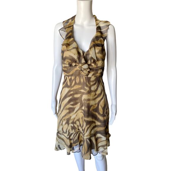 Muse BOSTON PROPER Womens Size 4 Silk Animal Print Ruffled Cocktail Halter Dress - Picture 5 of 9